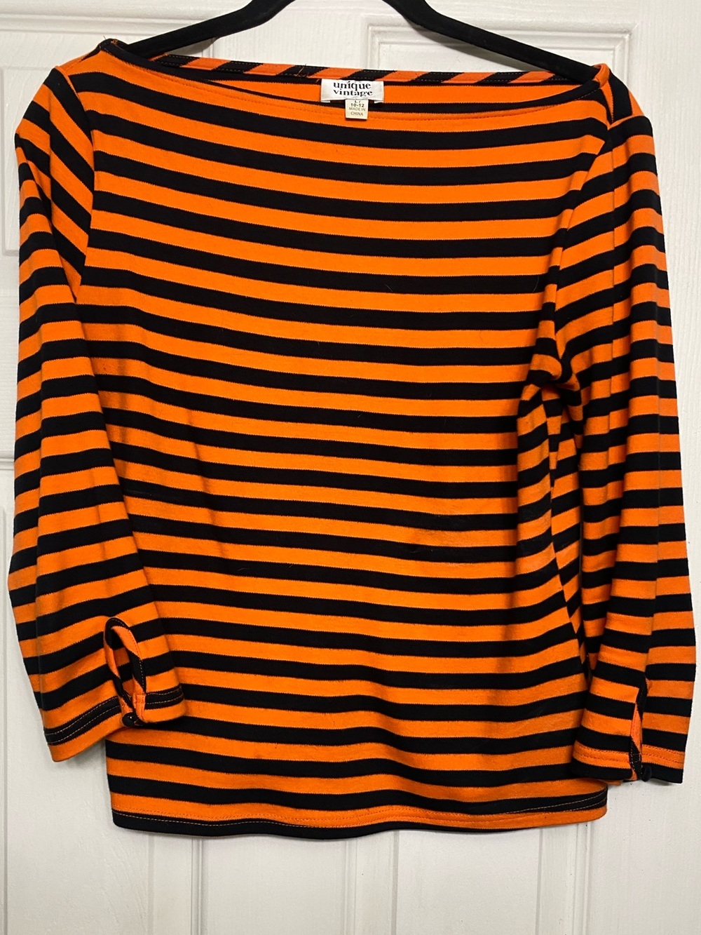 Unique Vintage Orange & Black Striped Boatneck Top 3/4 Sleeve